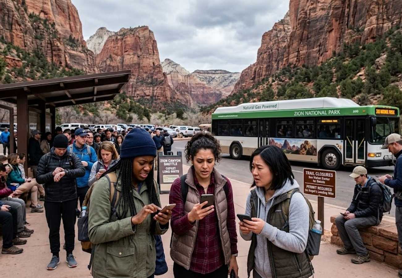 Cars lined up waiting to enter Zion National Park in Utah