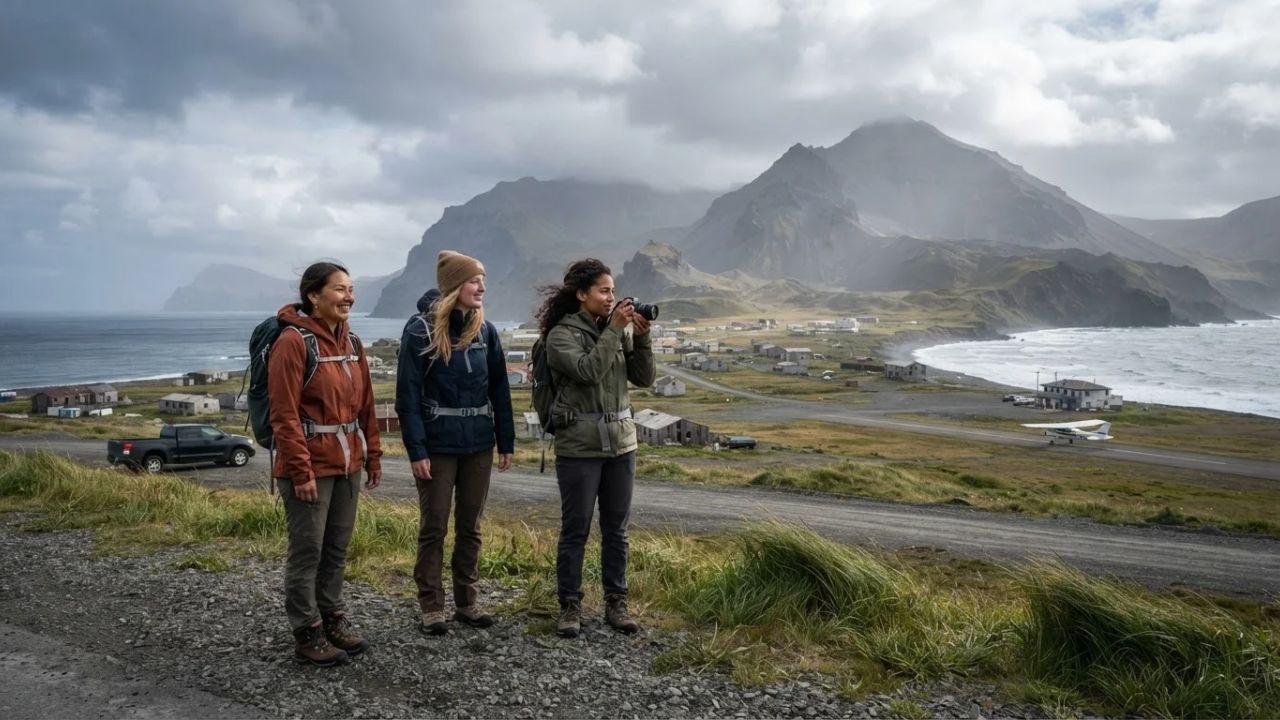 Remote windswept volcanic peaks and historic military harbor of Adak Island in Alaska