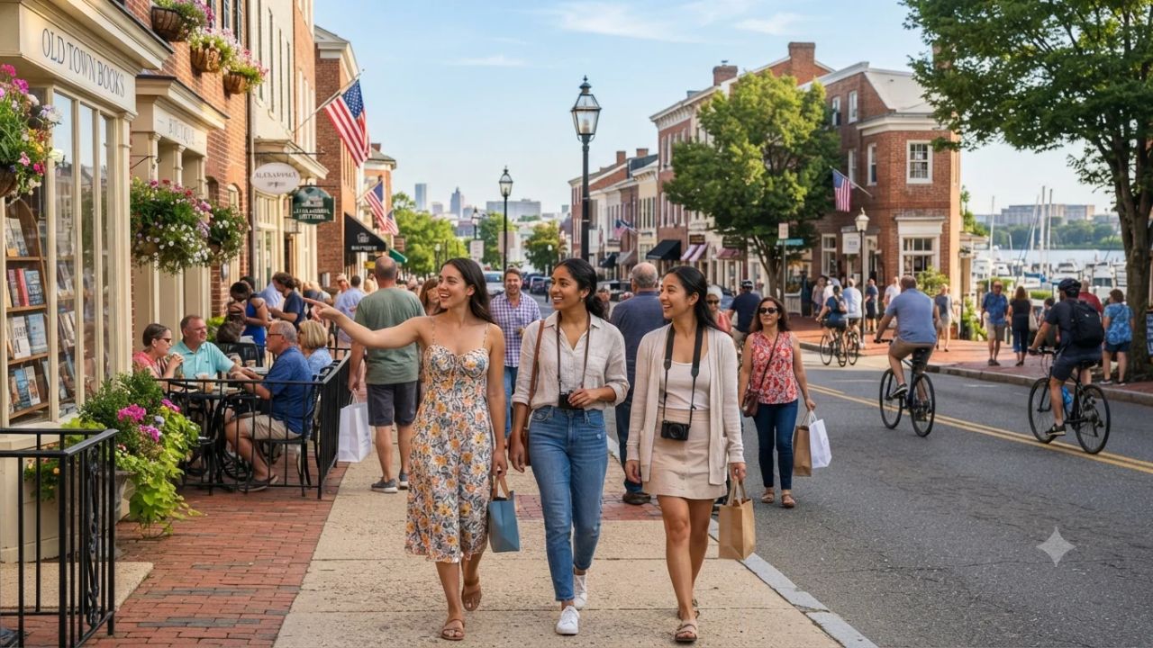 Historic waterfront of Old Town Alexandria Virginia along the Potomac River with brick townhouses