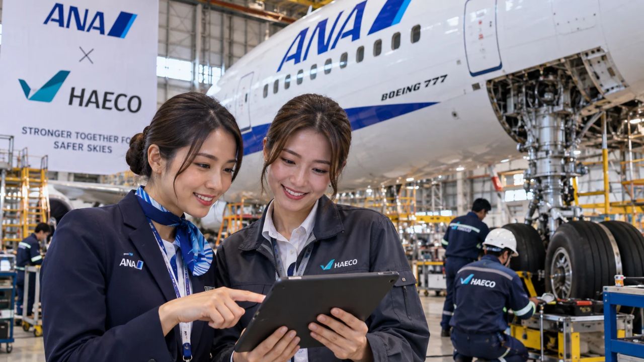 Wide-body passenger aircraft undergoing precision maintenance inside an advanced aviation hangar