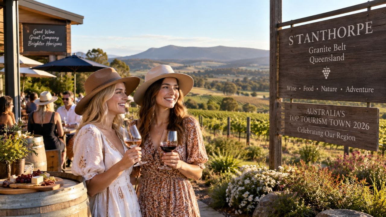 Stanthorpe vineyard and granite rock formations in Queensland Australia