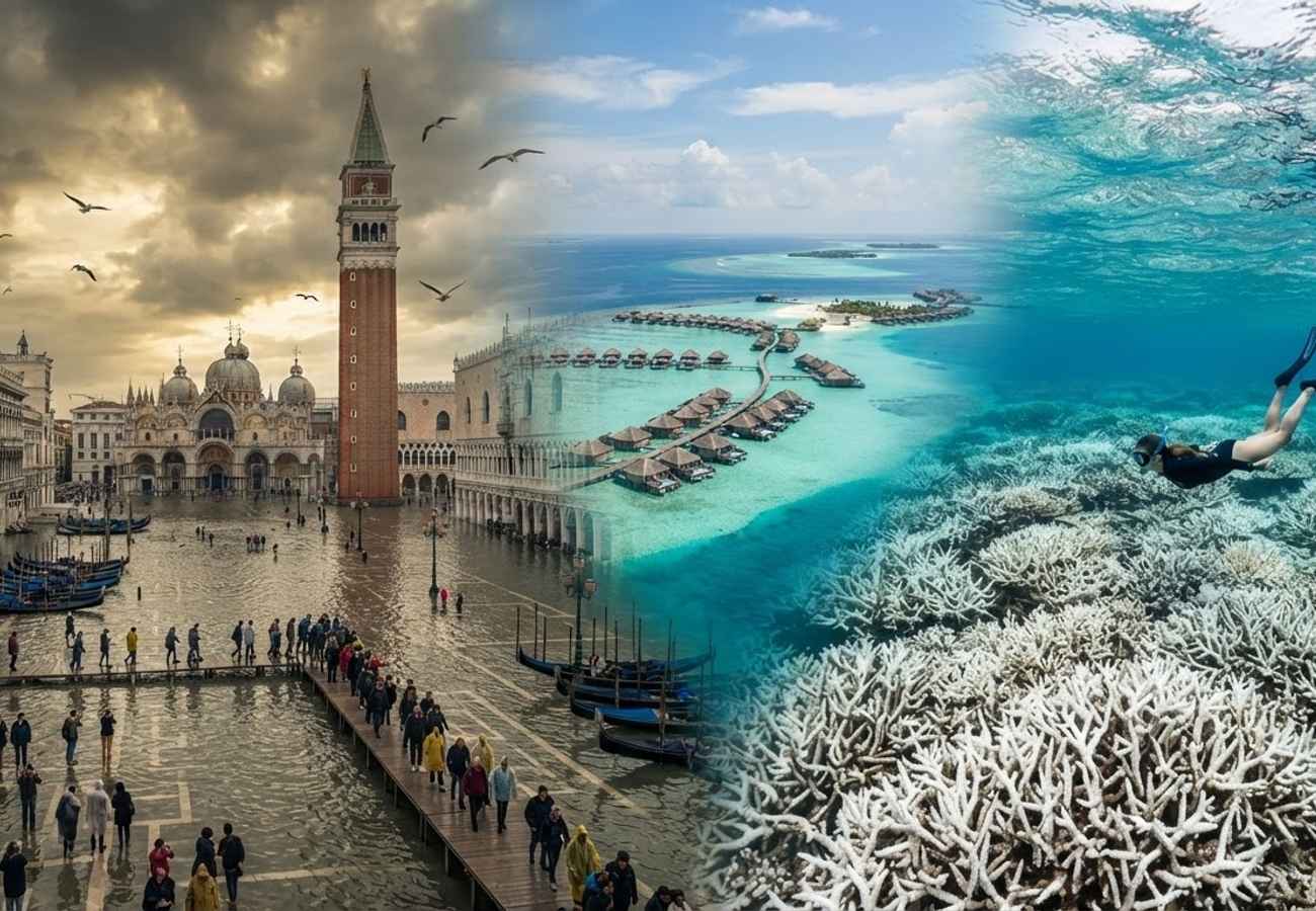 Aerial view of coral reefs and coastal heritage sites facing climate challenges