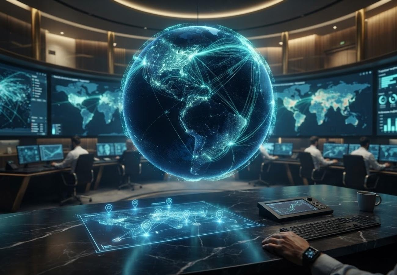Conceptual visualization of global geospatial data and AI integration