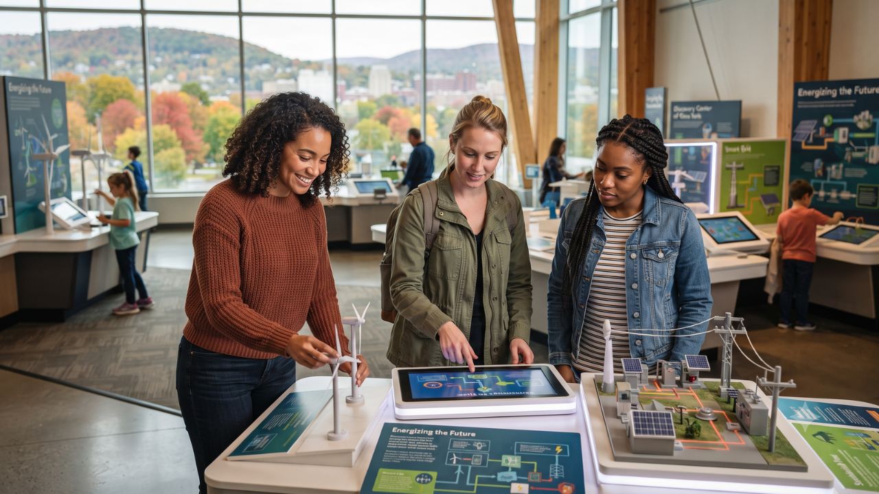 Interactive children's science and energy exhibit with hands-on mechanical and digital stations