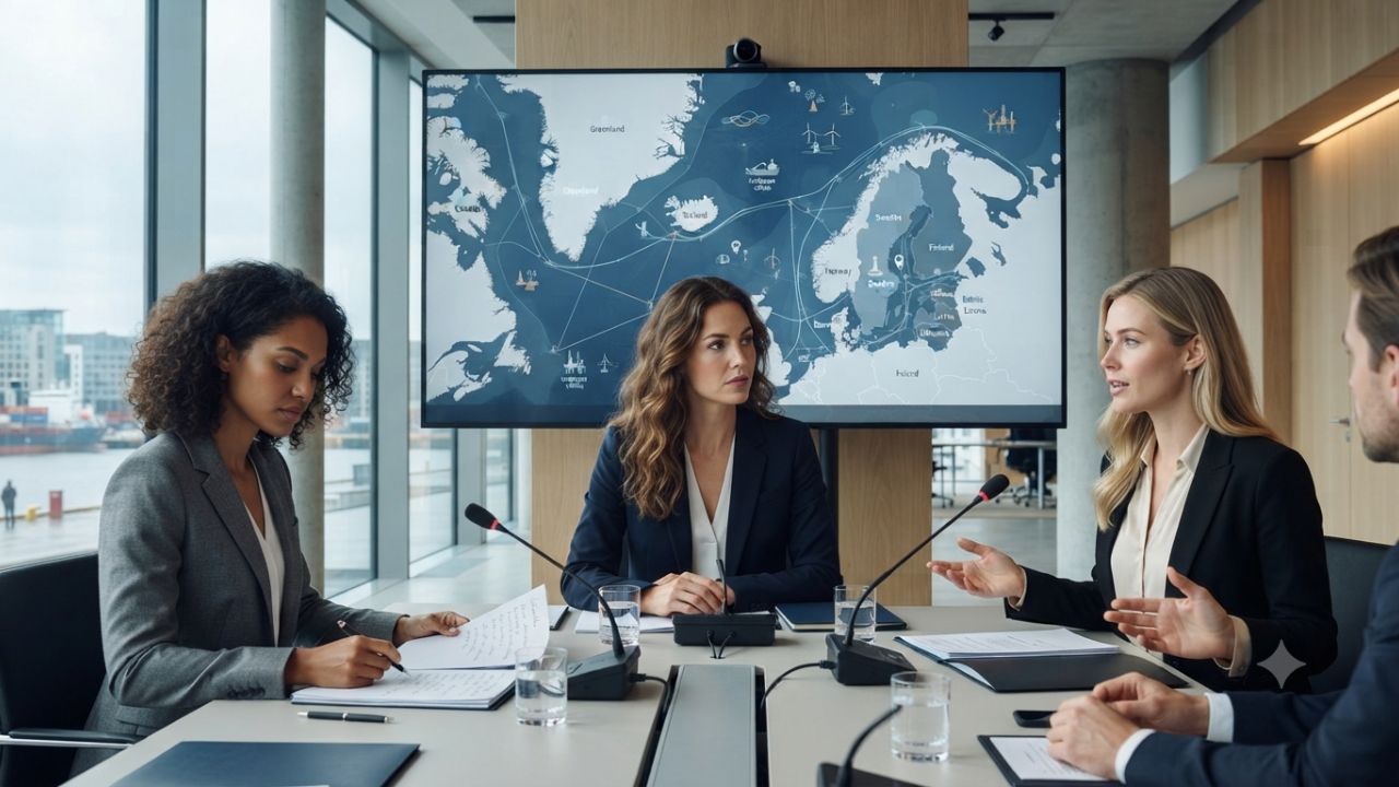 Diplomatic conference table with Canadian and Nordic-Baltic flags overlooking NYC skyline