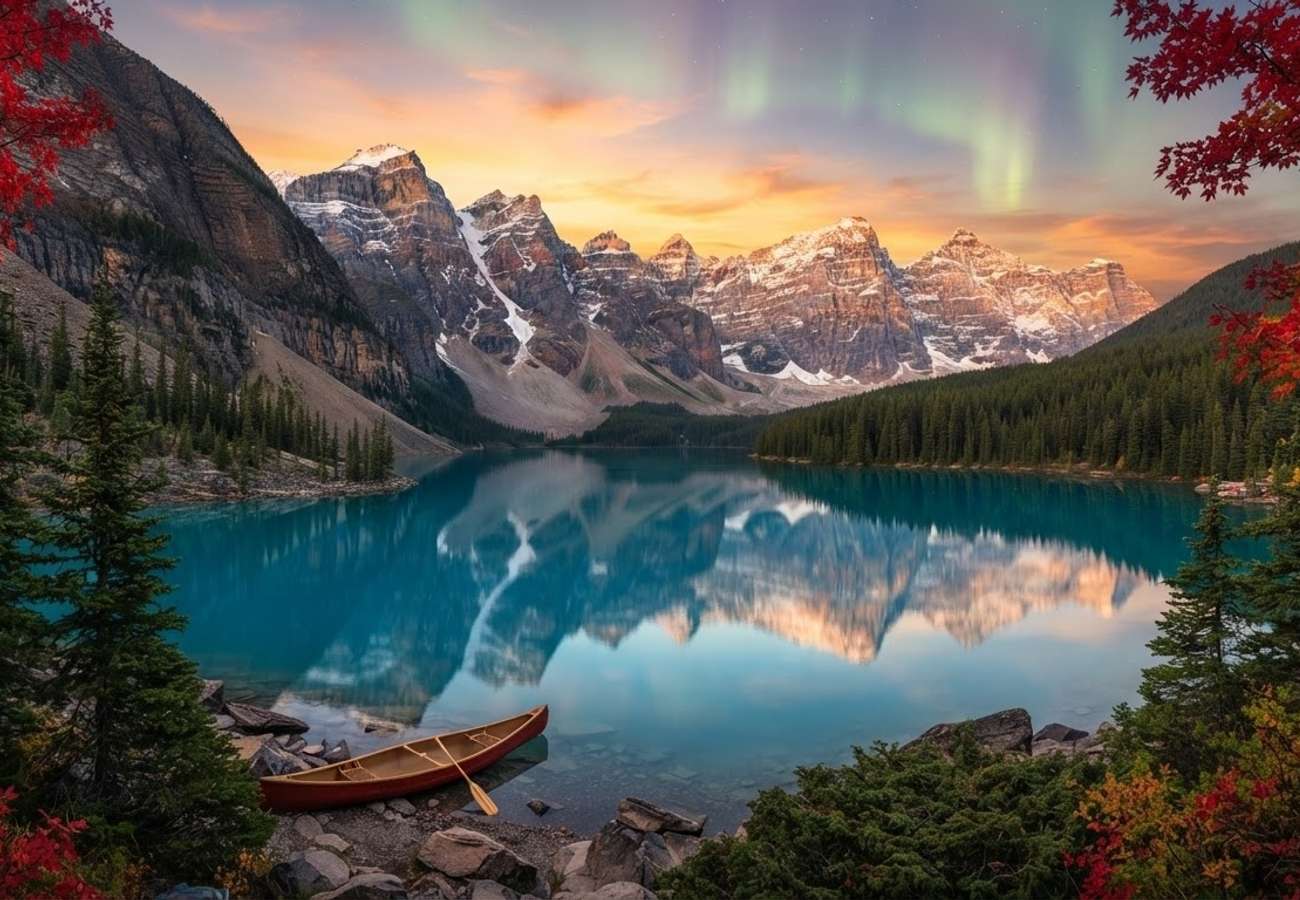 Aerial view of Canadian wilderness and urban skyline