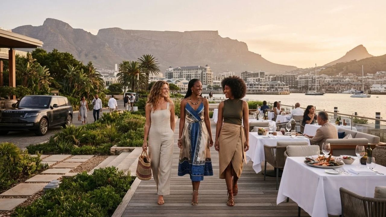 Panoramic view of Table Mountain and the Atlantic coastline in Cape Town alongside traditional Moroccan riad courtyard architecture