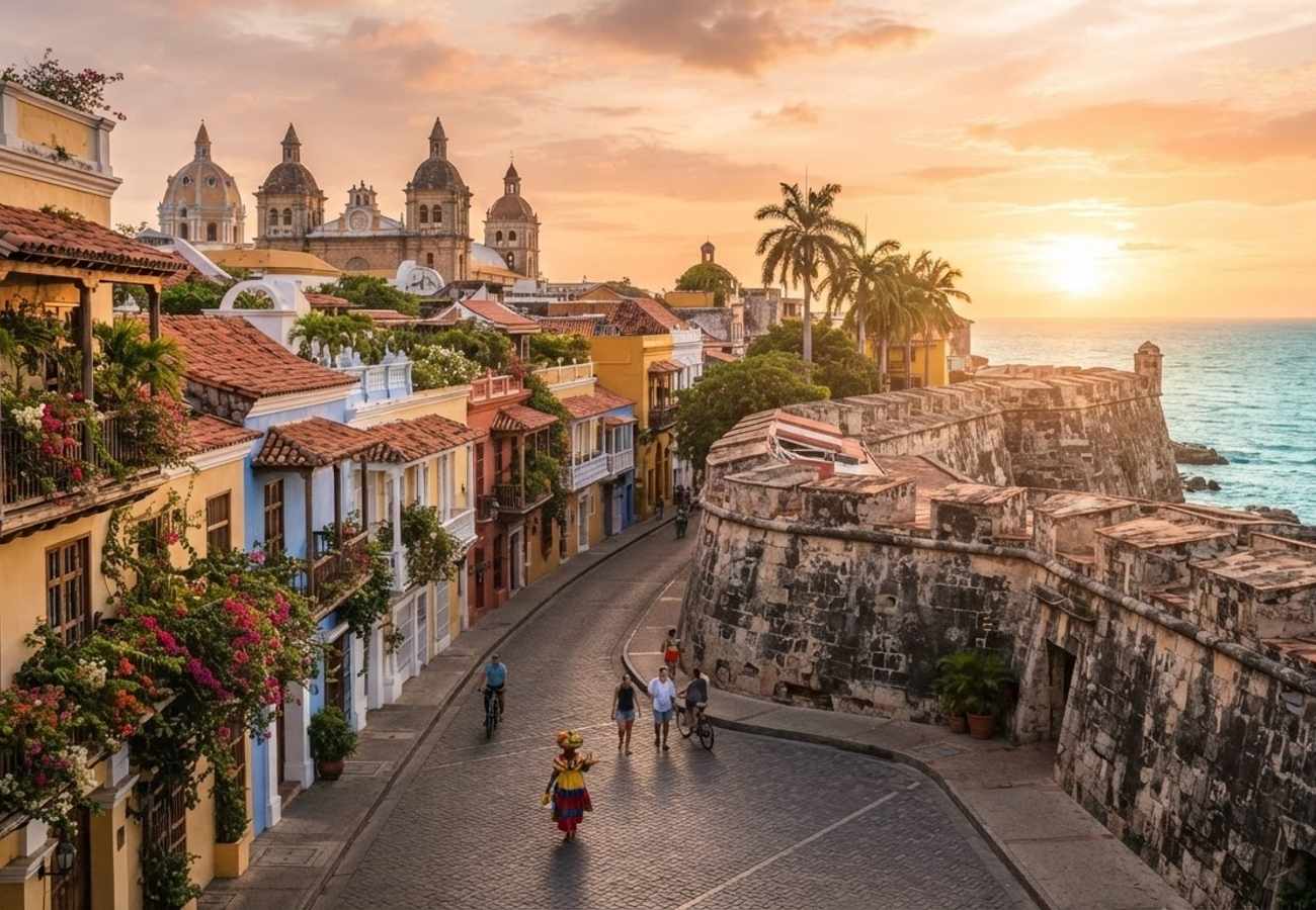 Aerial view of Cartagena Colombia historic walled city and Caribbean coast
