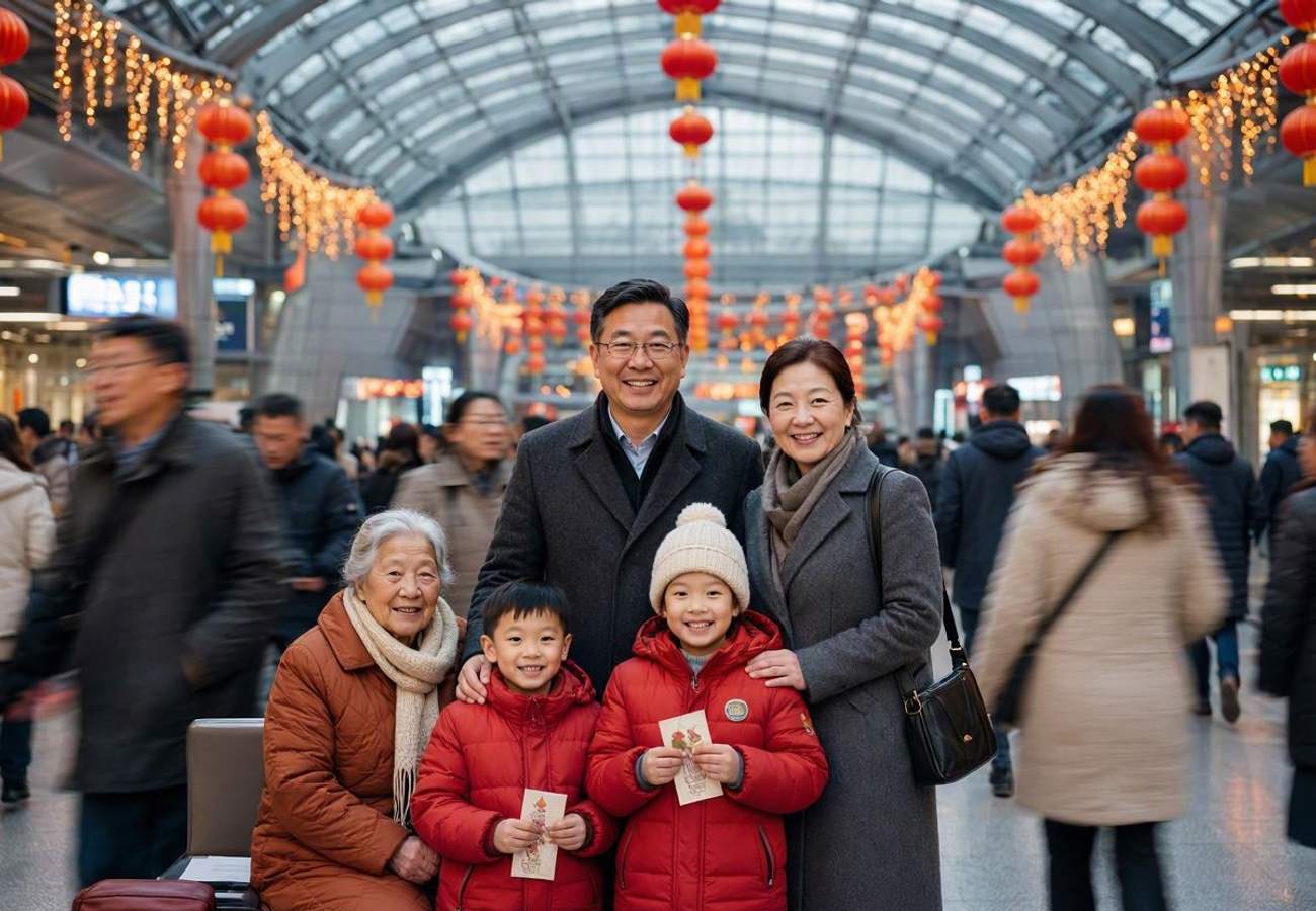 Traditional Chinese lanterns and festive decorations in a major city center
