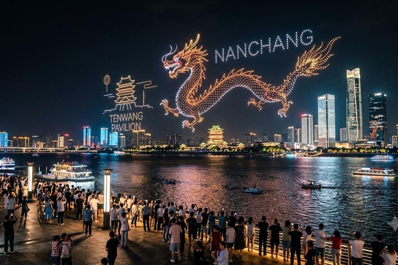 China’s Nanchang Boosts Night Tourism With A Stunning Ganjiang River Drone Show Creating A New Cultural Attraction