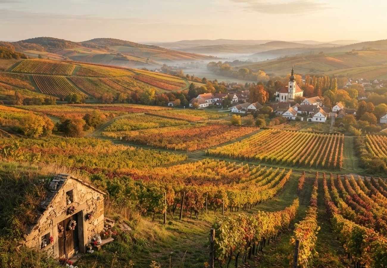 Autumn foliage surrounding a medieval Czech town square during a cultural festival