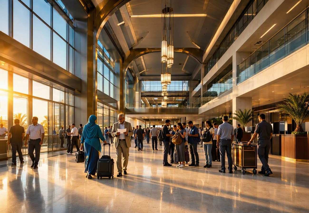 Aerial view of a modern Egyptian airport terminal with aircraft