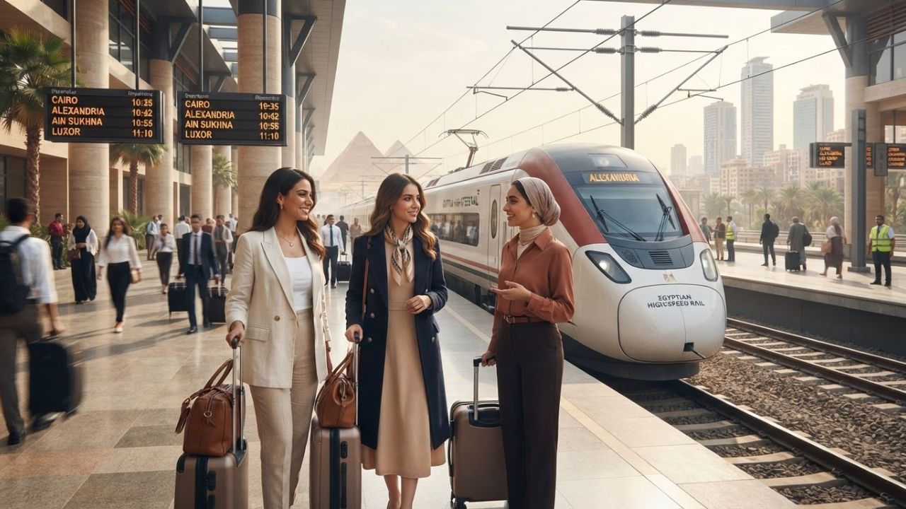High-speed electric train traveling through Egyptian desert landscape near Cairo