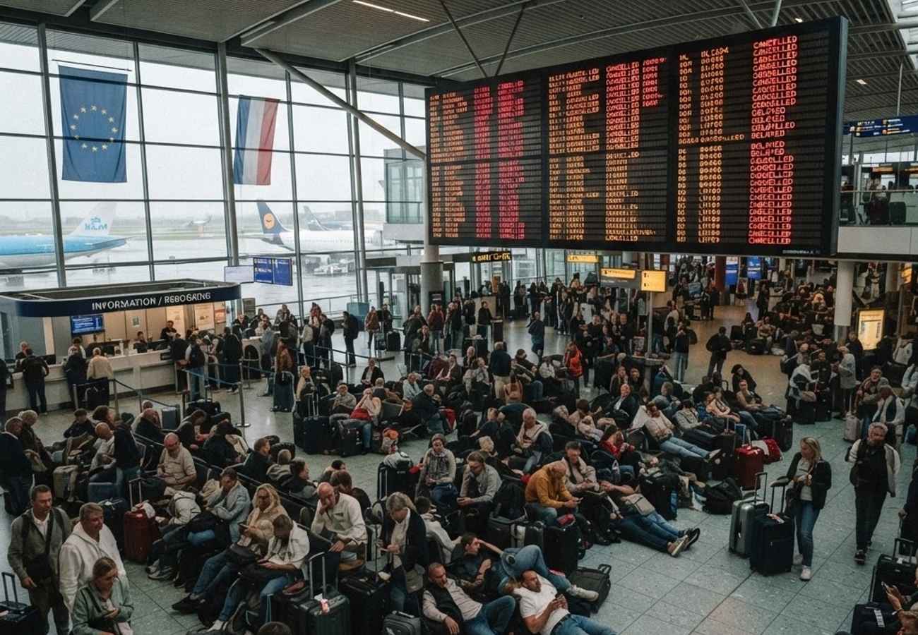 Aerial view of a busy European airport terminal with grounded aircraft