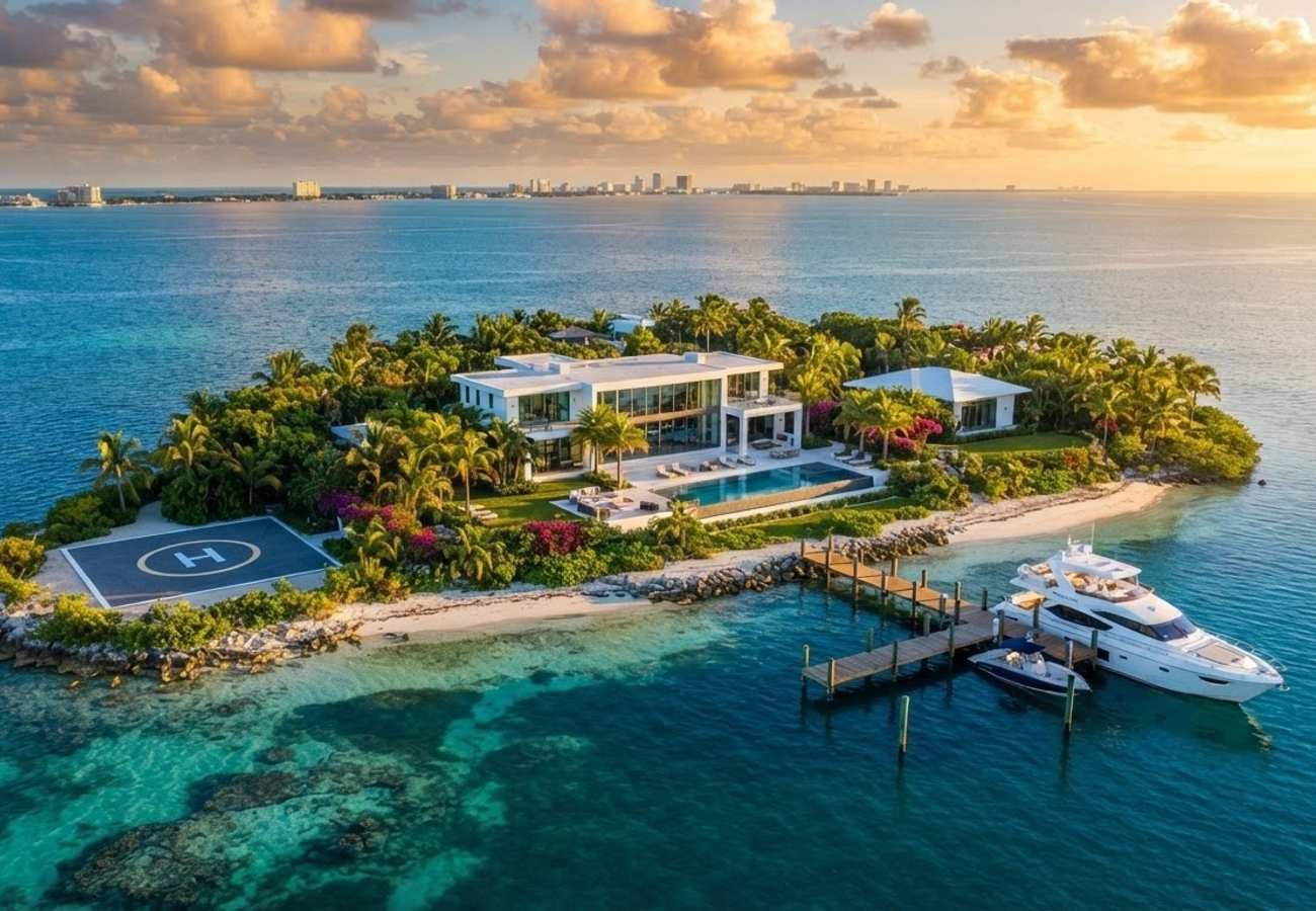 Aerial view of a luxury private island in the Florida Keys with a helipad and dock