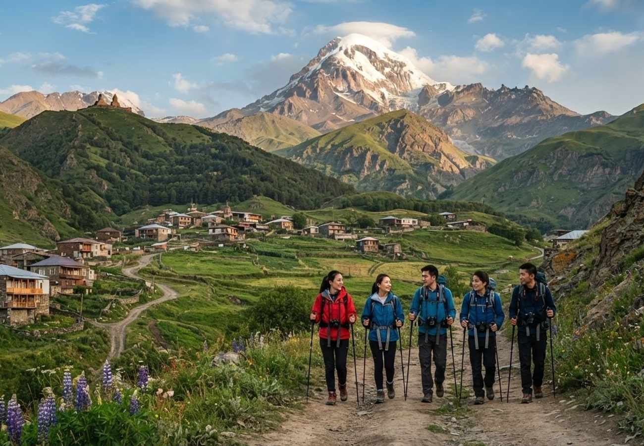 Scenic view of the Caucasus mountains and traditional Georgian village architecture