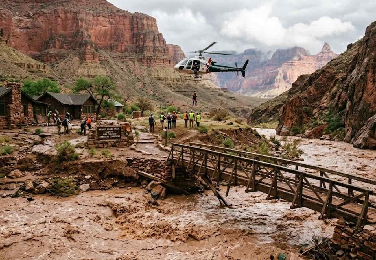 Aerial view of flood damage in Bright Angel Canyon