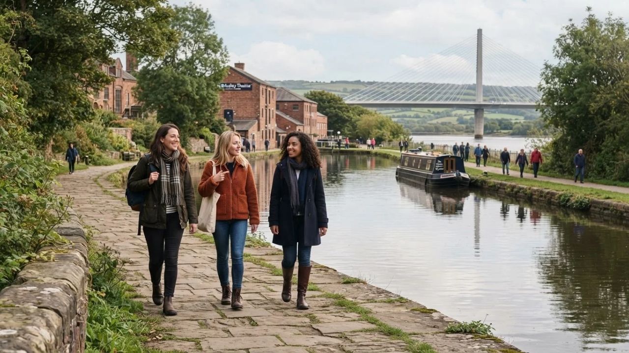 Historic Bridgewater Canal and Norton Priory gardens in Halton Cheshire