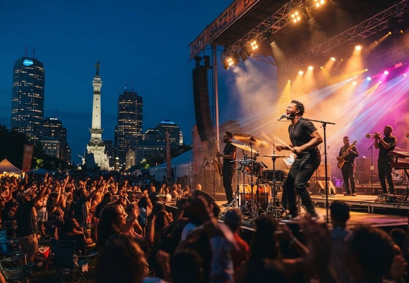 Musicians performing at an outdoor jazz festival in Indianapolis