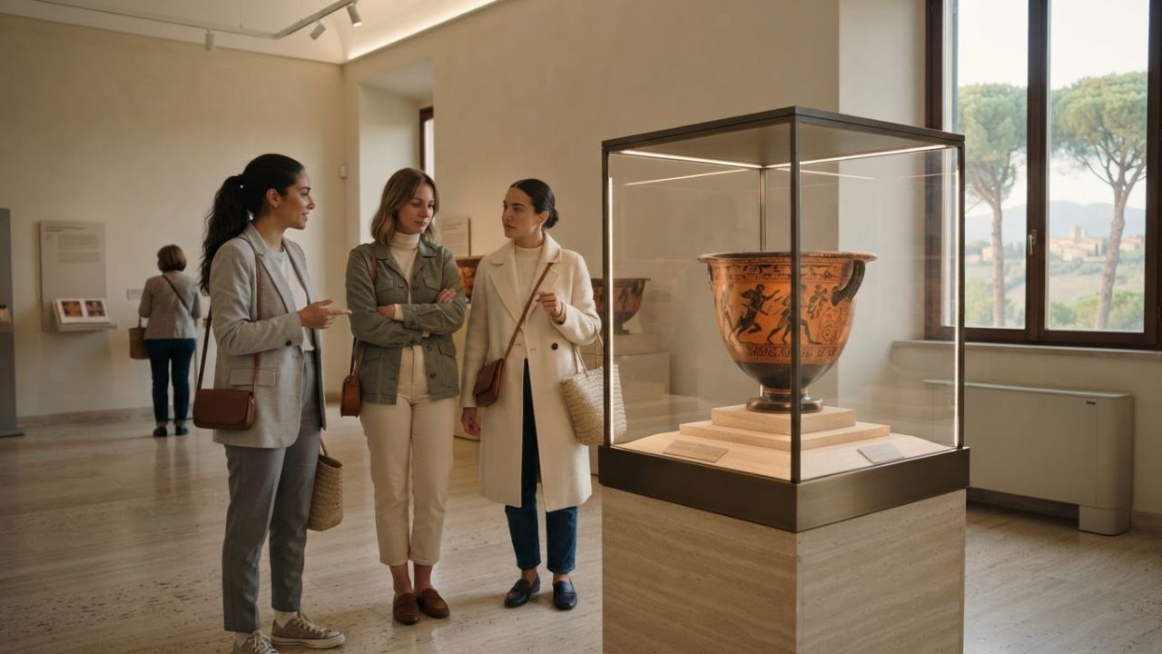 Ancient Etruscan museum display and historical architecture in Cerveteri, Italy