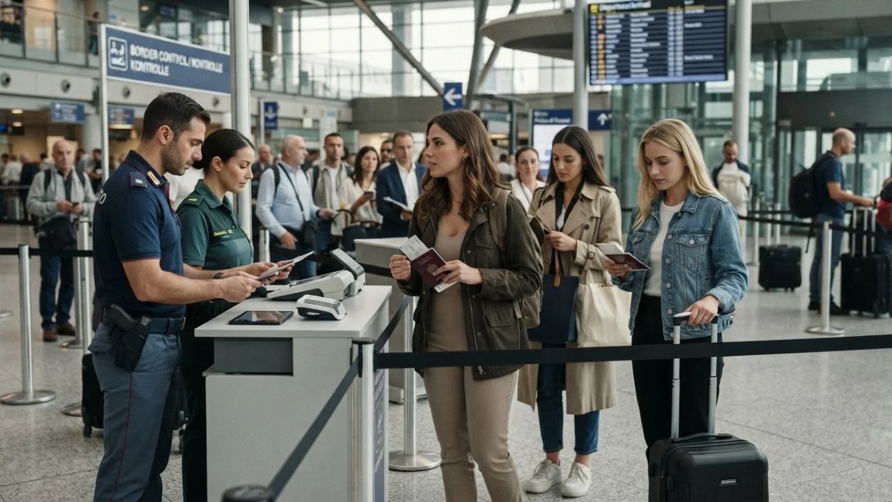 Passports and travel boarding passes displayed against the backdrop of a Mediterranean port terminal connecting Italy and Spain