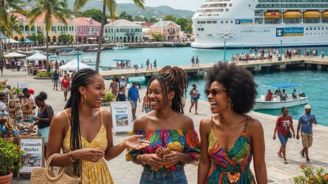 Cruise ship docked at a tropical port in Jamaica