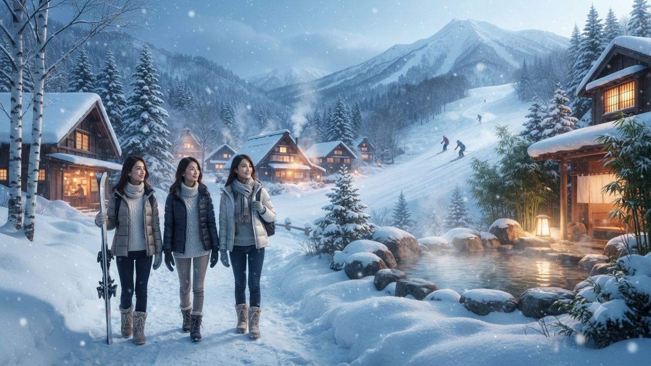 Snow-covered traditional Japanese village and steaming outdoor onsen in winter