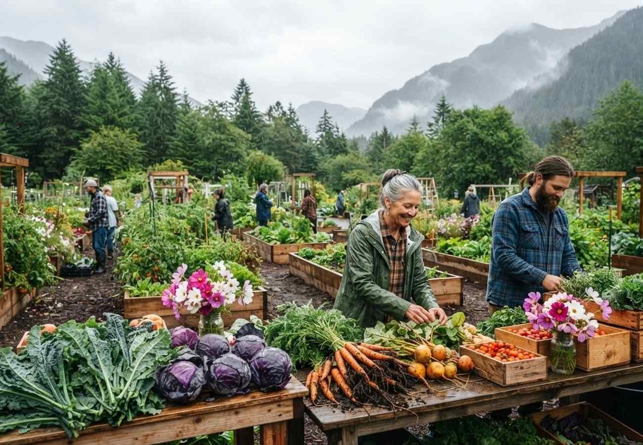 Vibrant local produce and flowers at a community garden in Juneau, Alaska