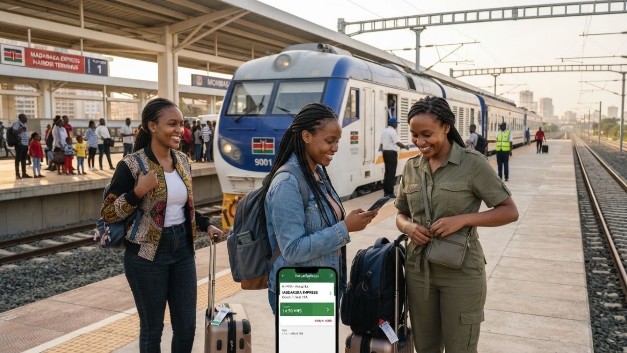 Madaraka Express SGR passenger train traveling along elevated tracks between Nairobi and Mombasa