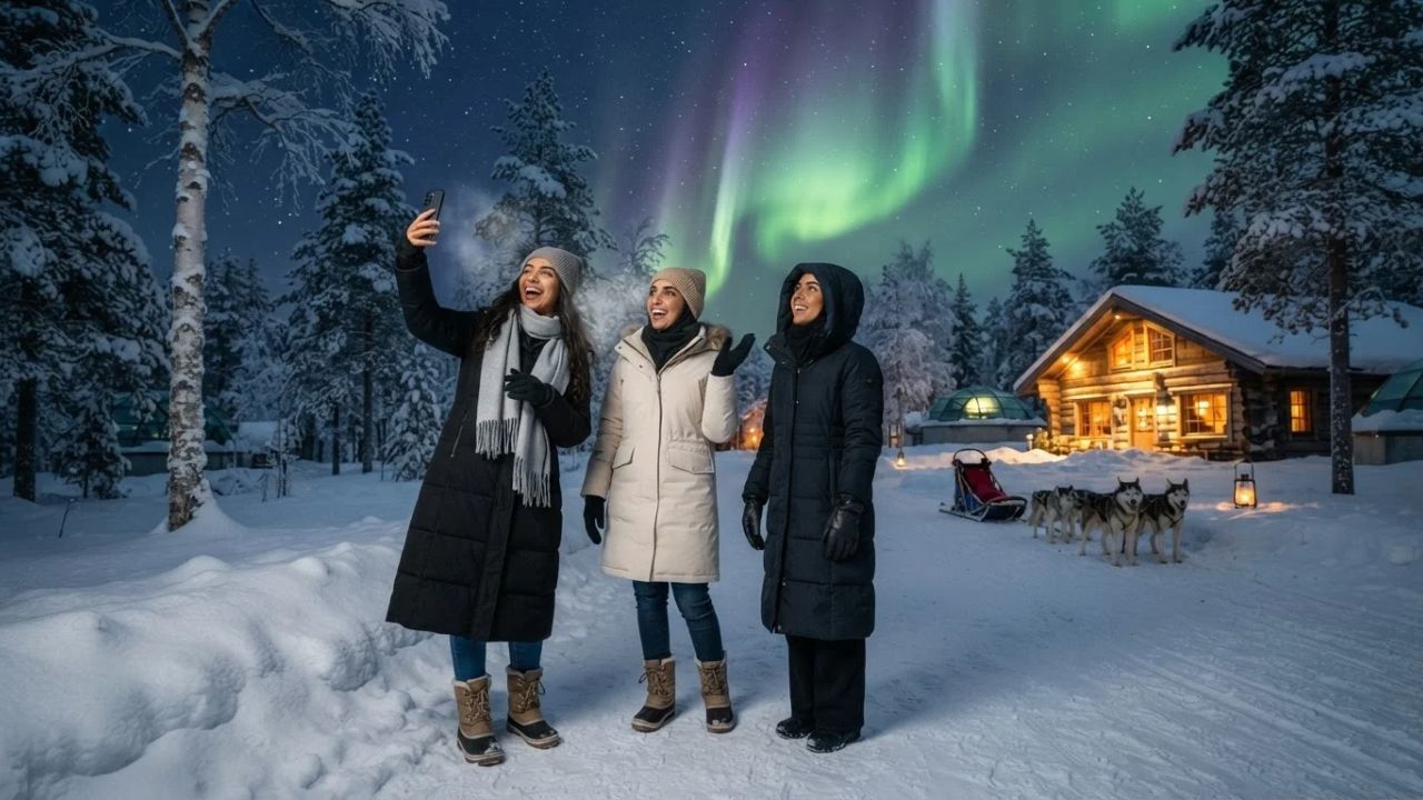 Glass igloos glowing beneath the vibrant green Northern Lights in Finnish Lapland