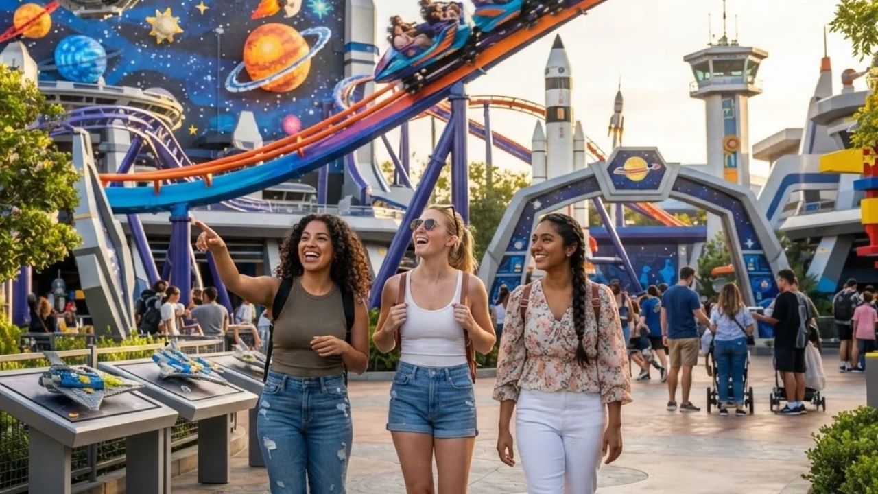 Family riding an interactive space-themed roller coaster with vibrant cosmic lighting and futuristic spacecraft designs
