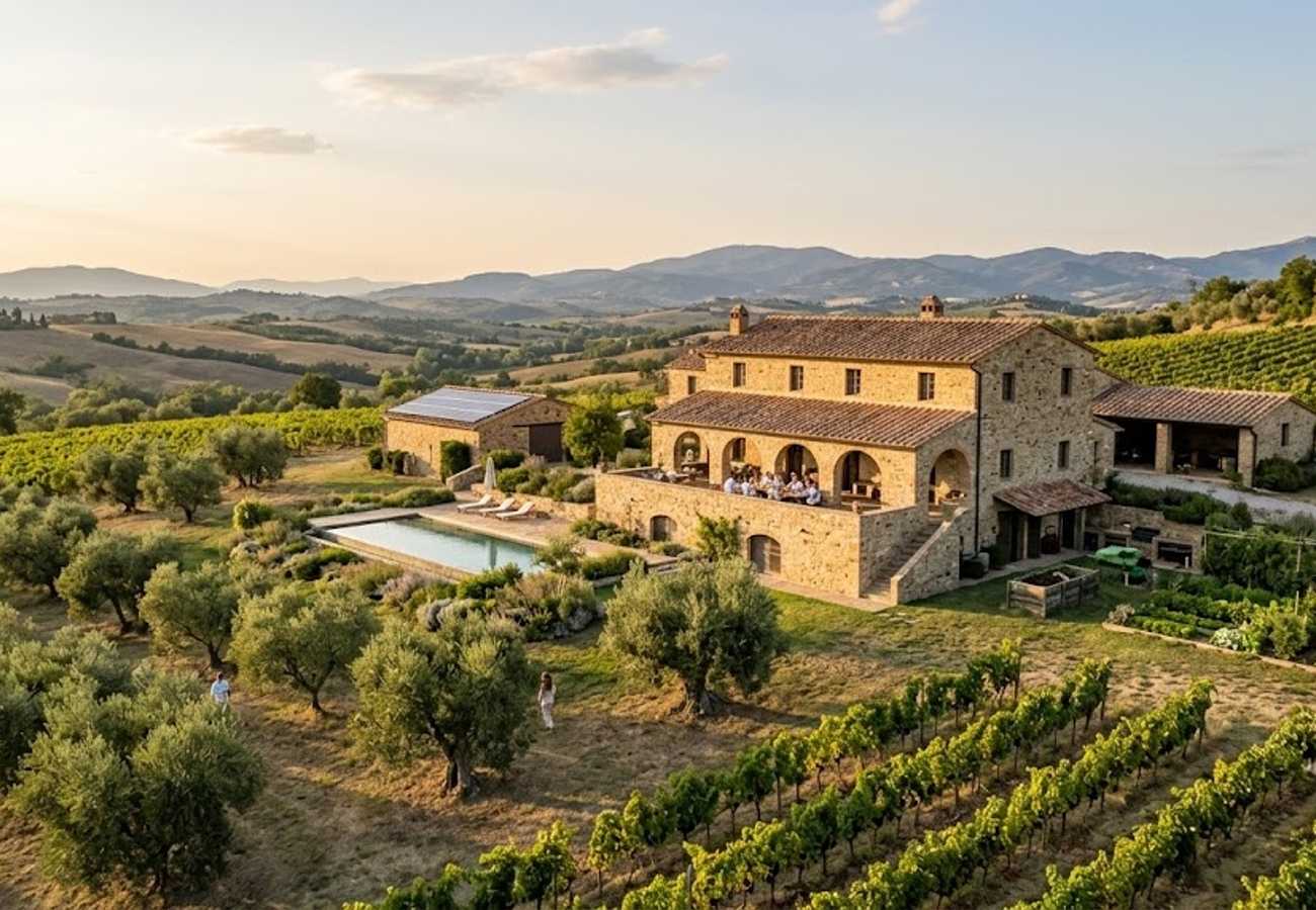 Aerial view of a restored historic farmhouse surrounded by olive groves in Southern Europe