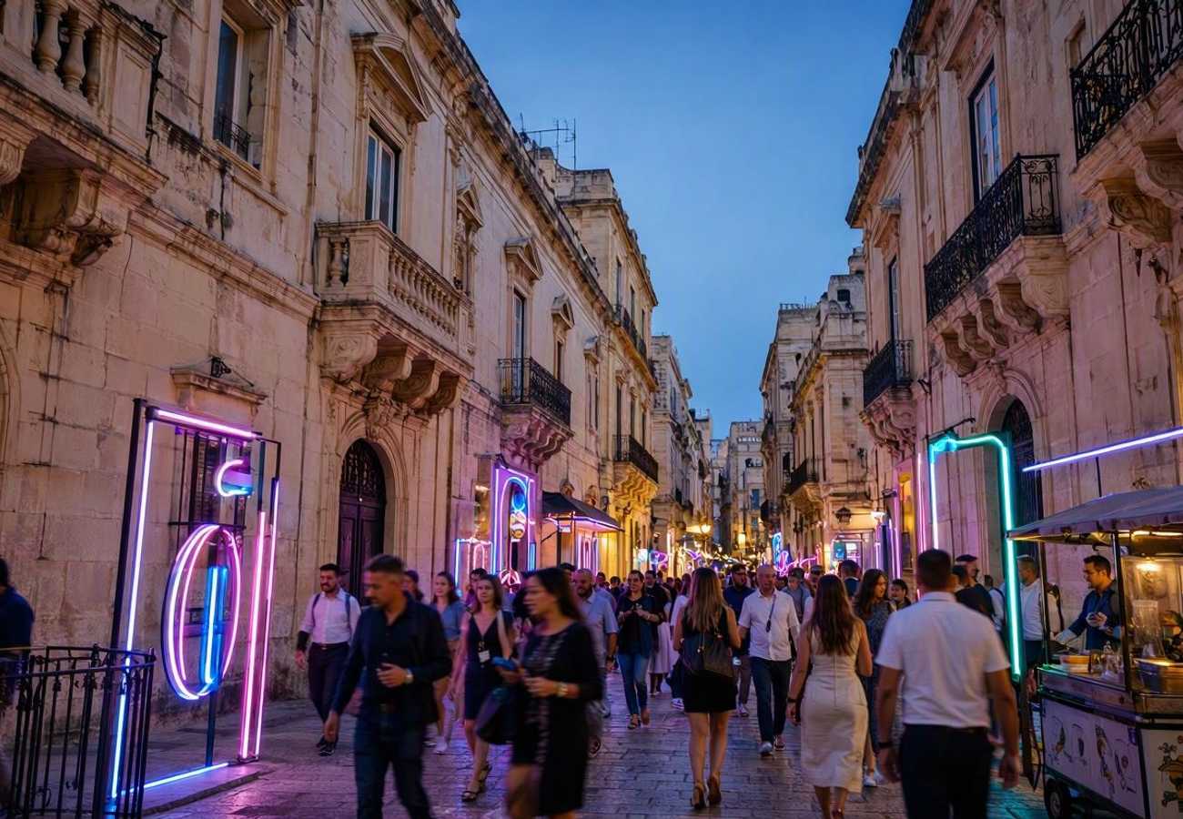 Night view of Valletta streets illuminated for Notte Bianca festival