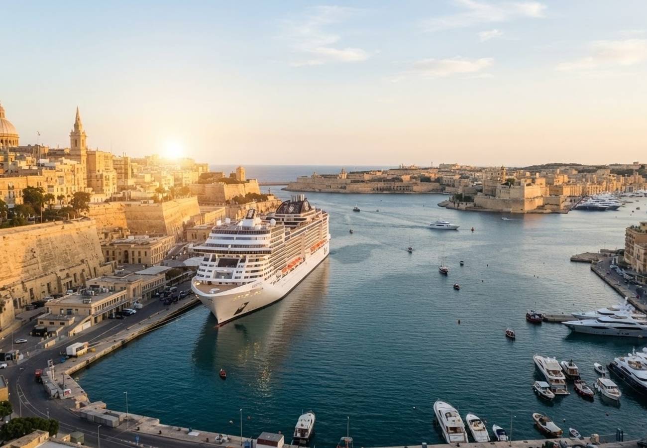 Aerial view of Valletta Grand Harbour with cruise ships docked at Pinto Wharf