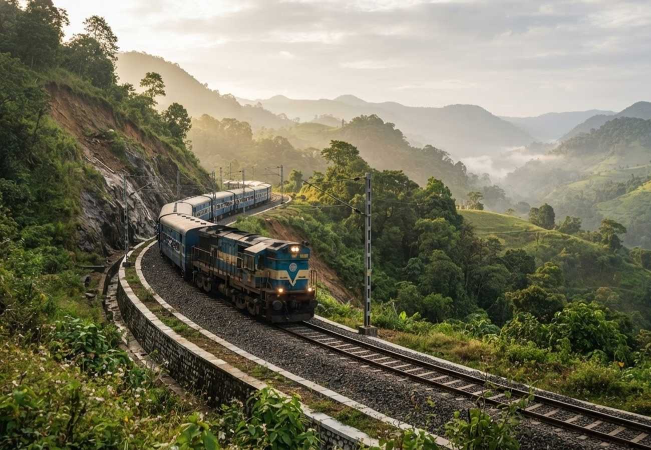 Railway tracks in the mountainous terrain of Northeast India