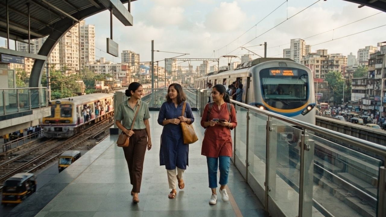 Modern AC Mumbai Metro train running parallel to suburban railway network