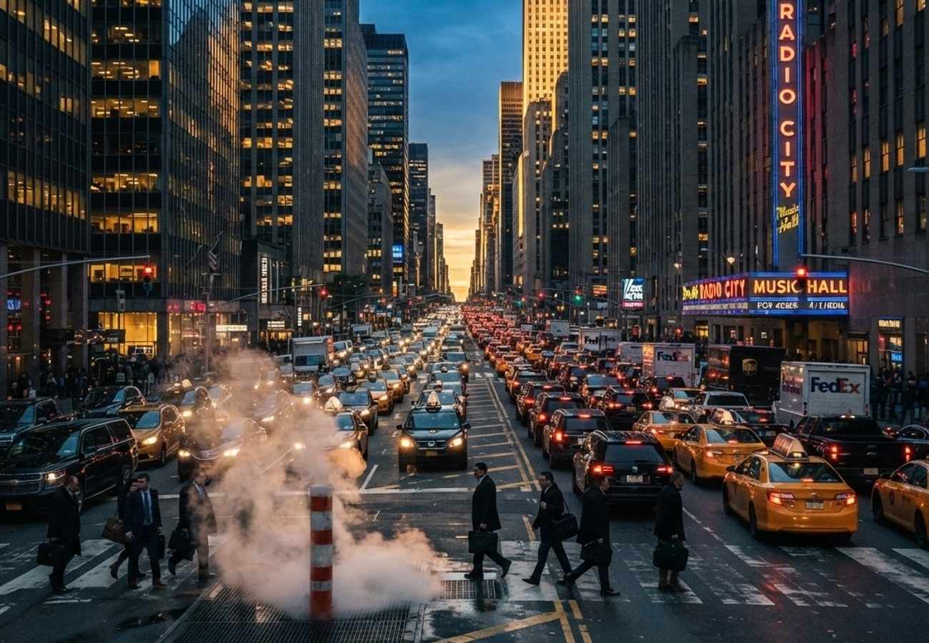 Aerial view of heavy traffic congestion in a major US metropolitan city during rush hour
