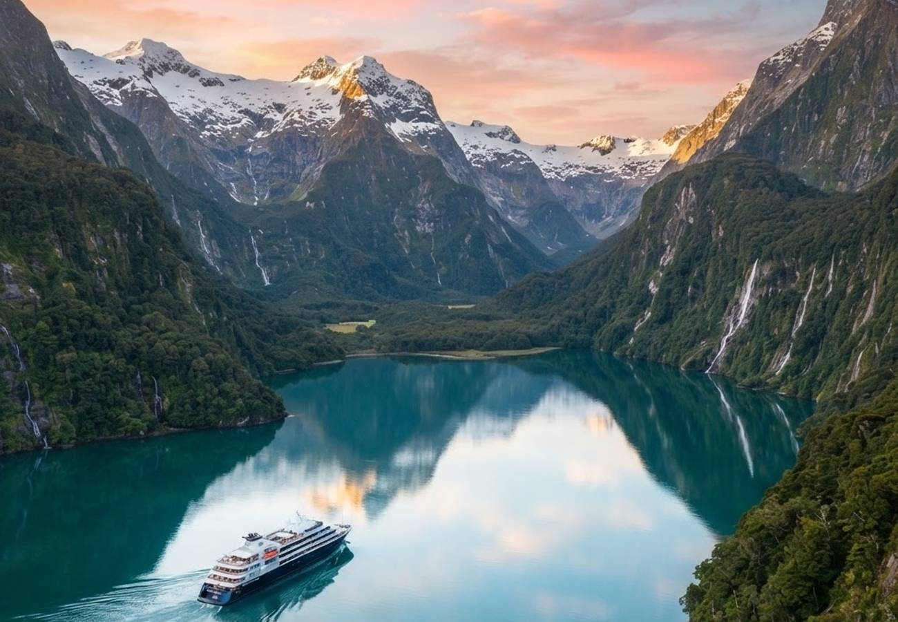 Aerial view of New Zealand landscape and South Pacific islands