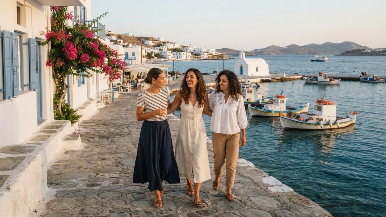 Whitewashed houses and traditional wooden fishing boats in the picturesque harbor of Naoussa on Paros island