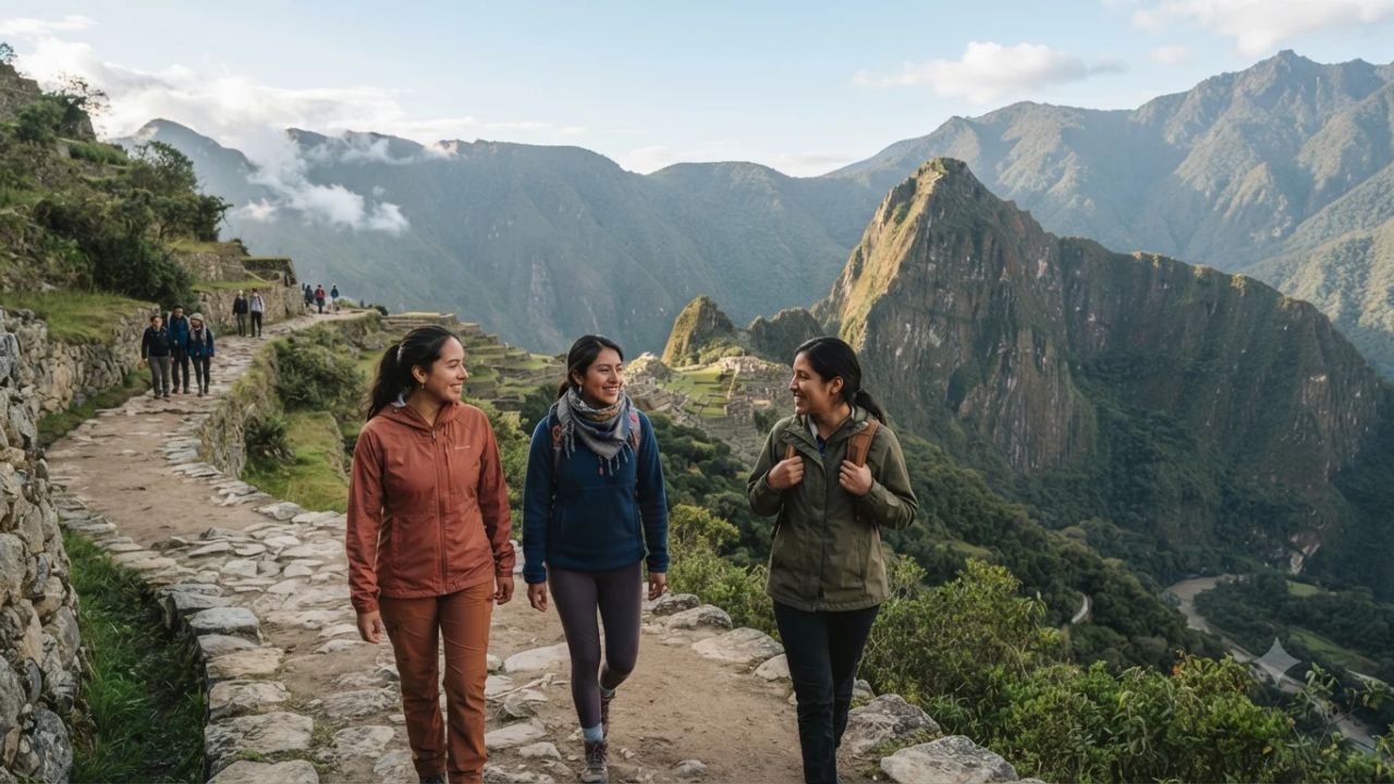 Scenic view of Machu Picchu ancient citadel surrounded by lush green Andean mountain peaks in Peru
