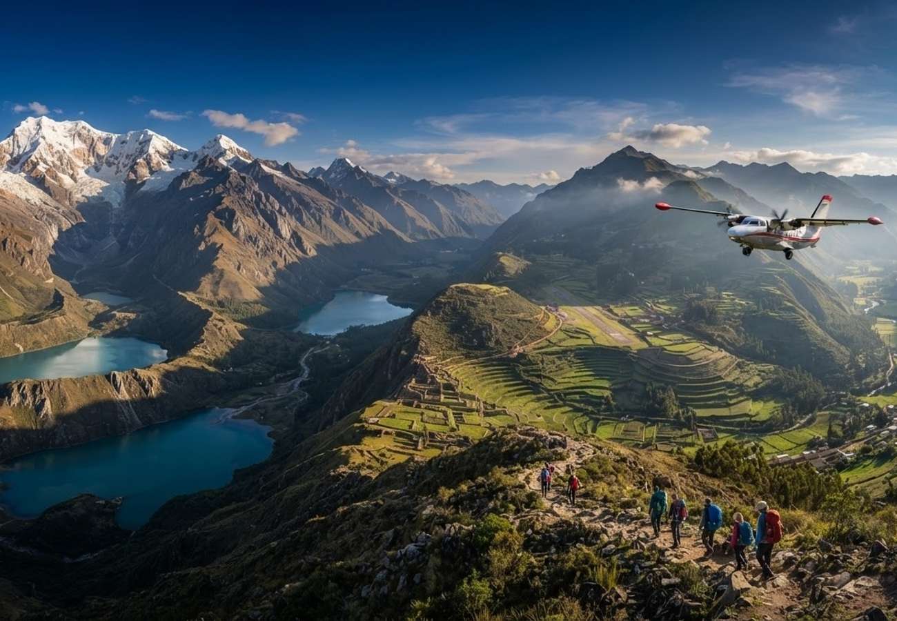 Aerial view of the Peruvian Andes with regional airport infrastructure