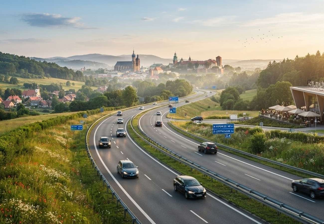 Aerial view of modern Polish expressways connecting Central European cities
