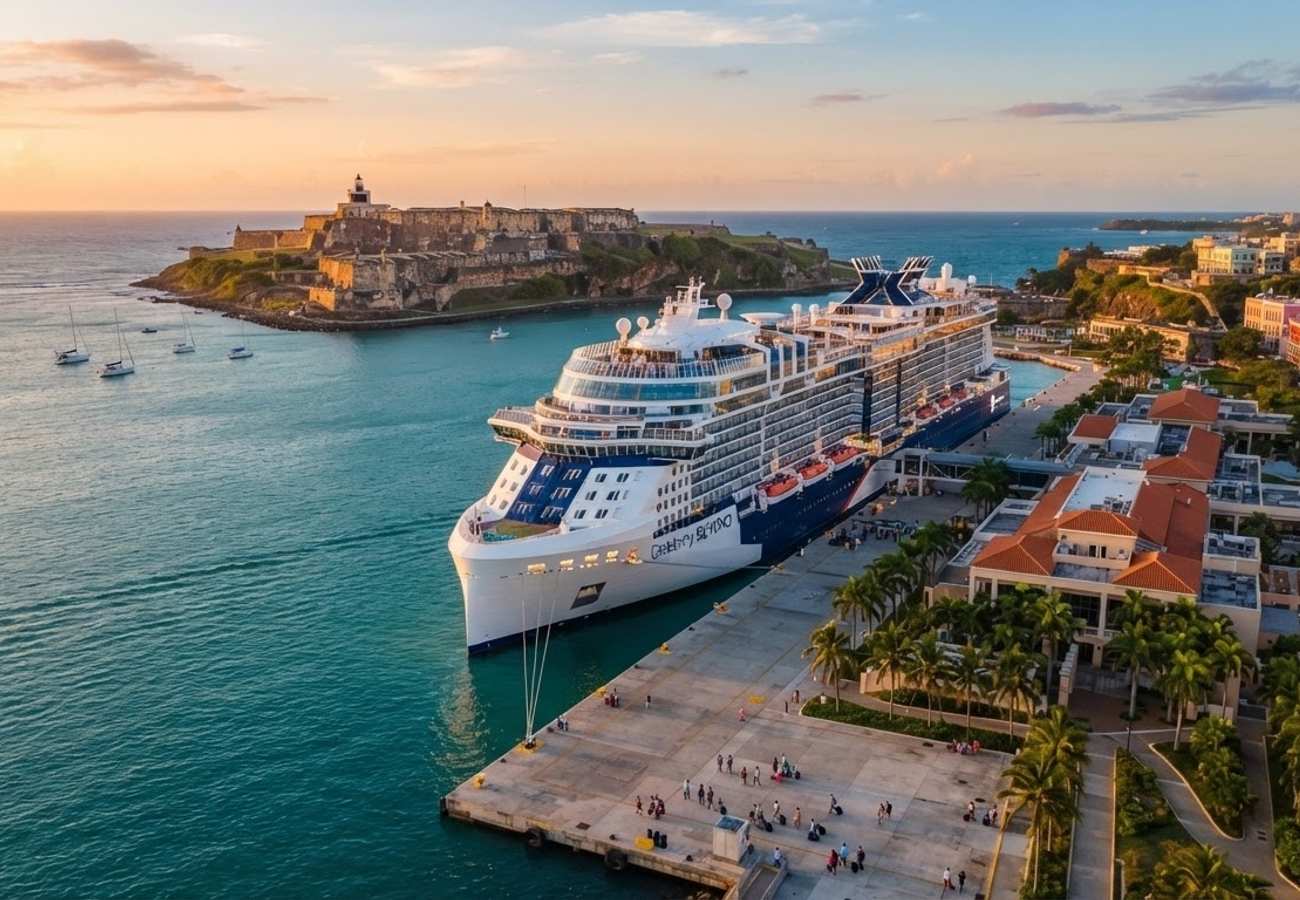 Aerial view of a Caribbean cruise port and tropical coastline