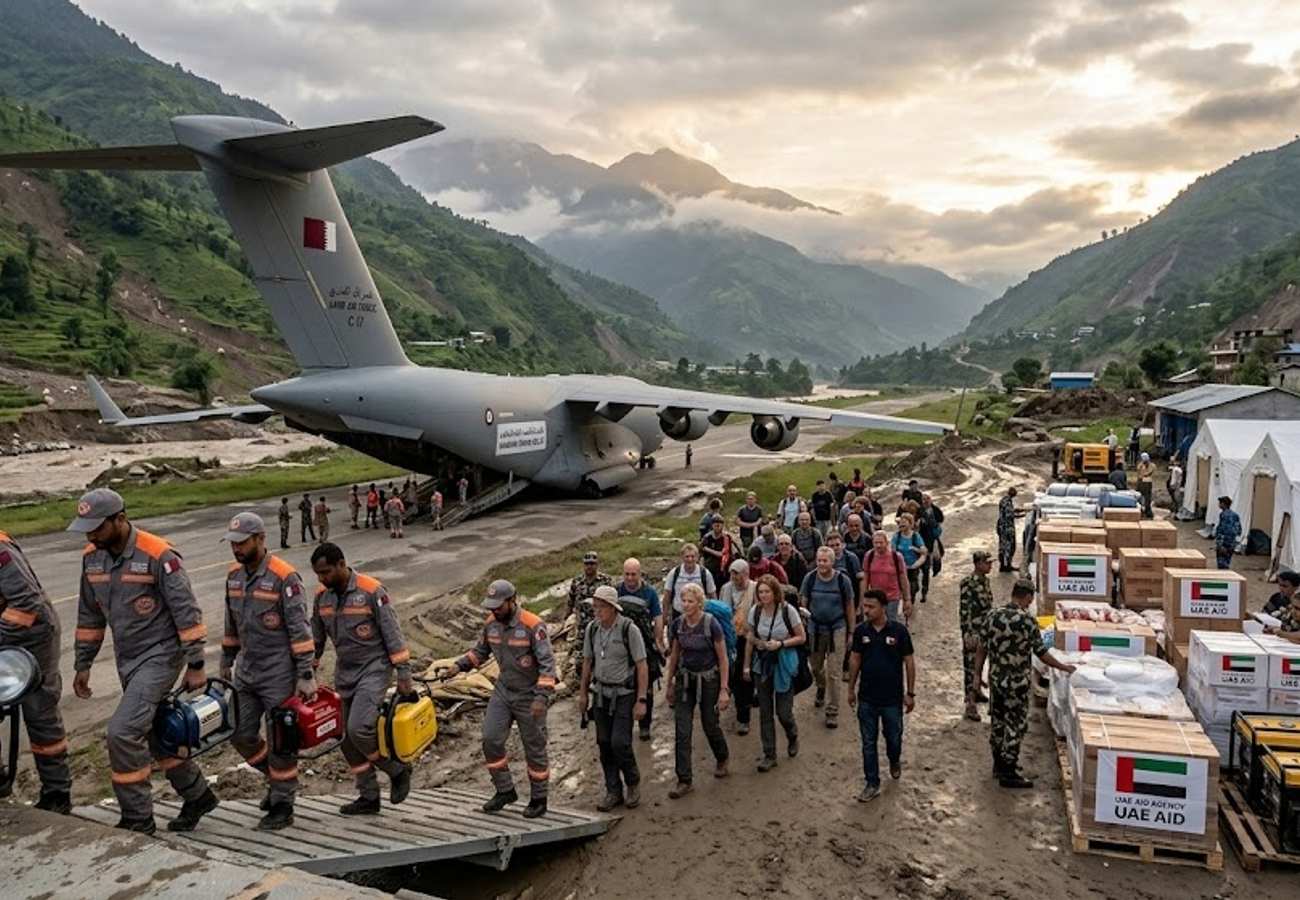 Emergency relief aircraft delivering humanitarian aid to Nepal