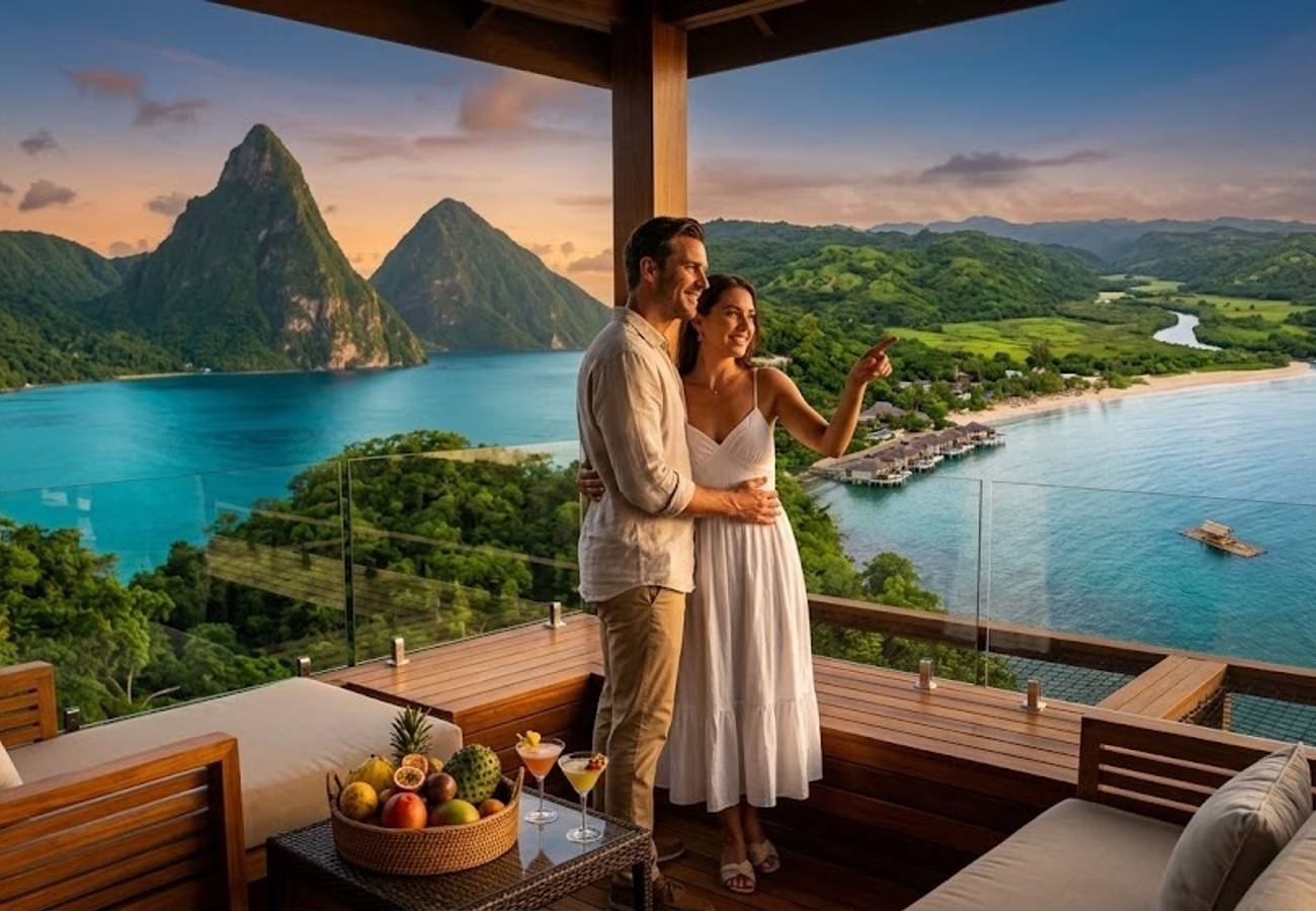 Aerial view of luxury resorts and turquoise waters in the Caribbean