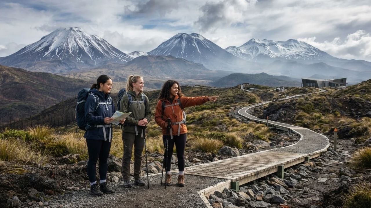 Dramatic volcanic peaks of Mount Ngauruhoe and emerald mineral lakes along the Tongariro Northern Circuit in New Zealand