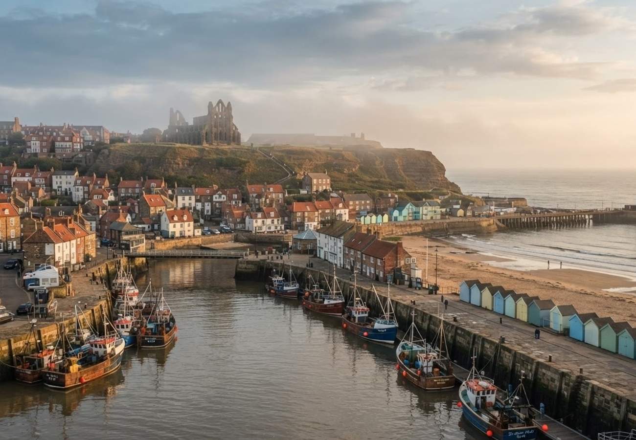 Panoramic view of a traditional British seaside town in September