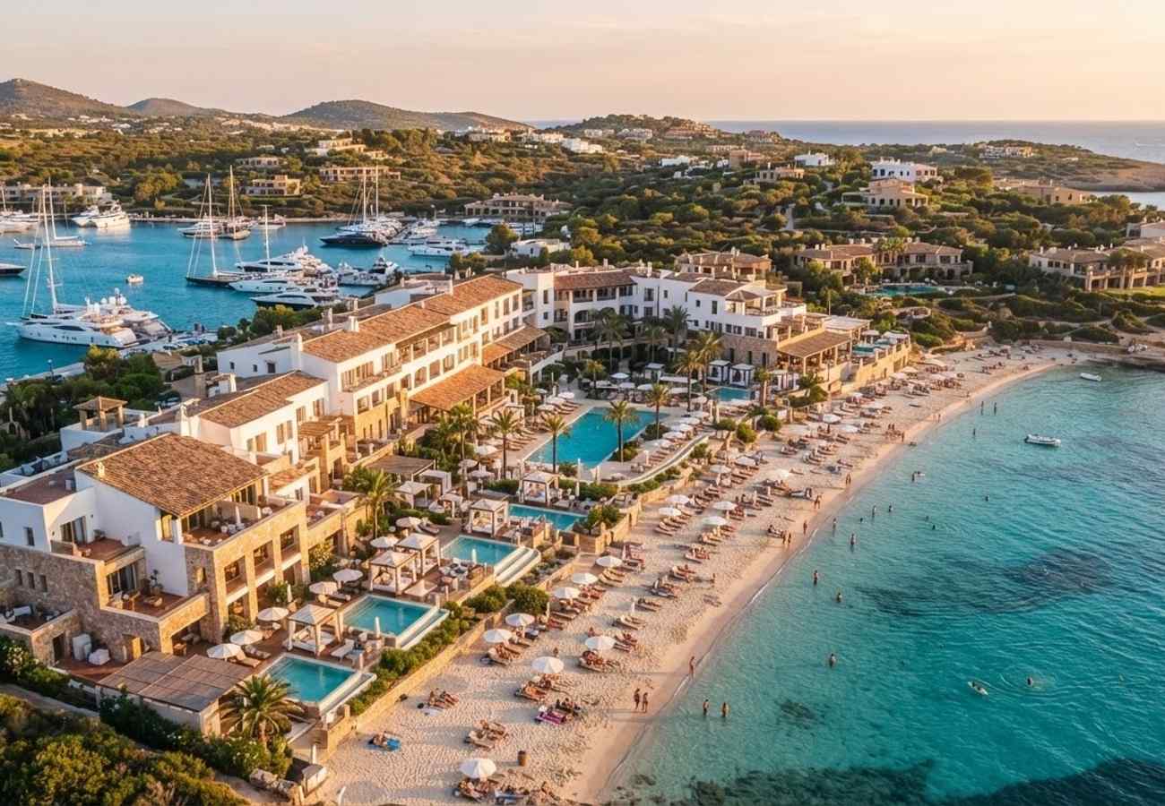 Aerial view of a Spanish resort hotel and beach