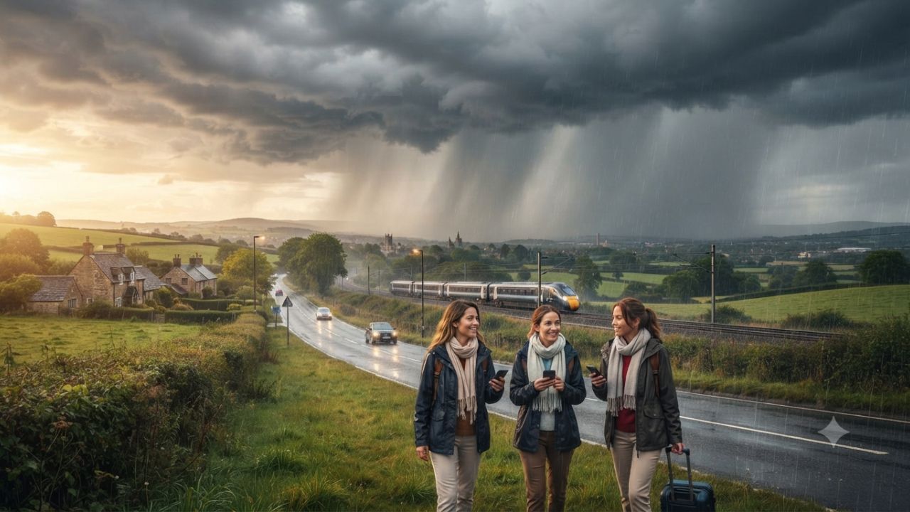 Heavy rain falling on a UK motorway with cars travelling under stormy grey skies