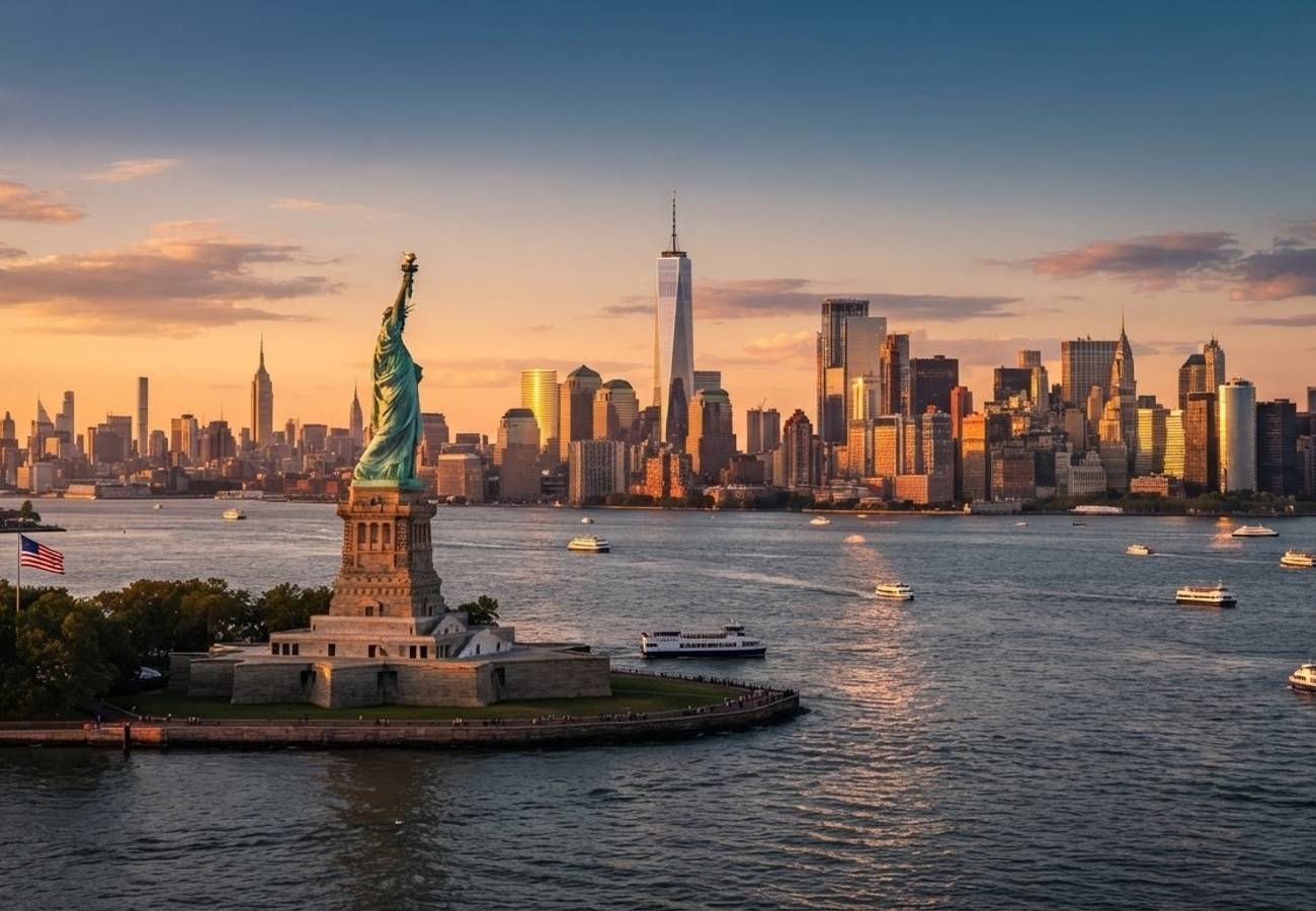 Aerial view of a major US city skyline and tourist attractions